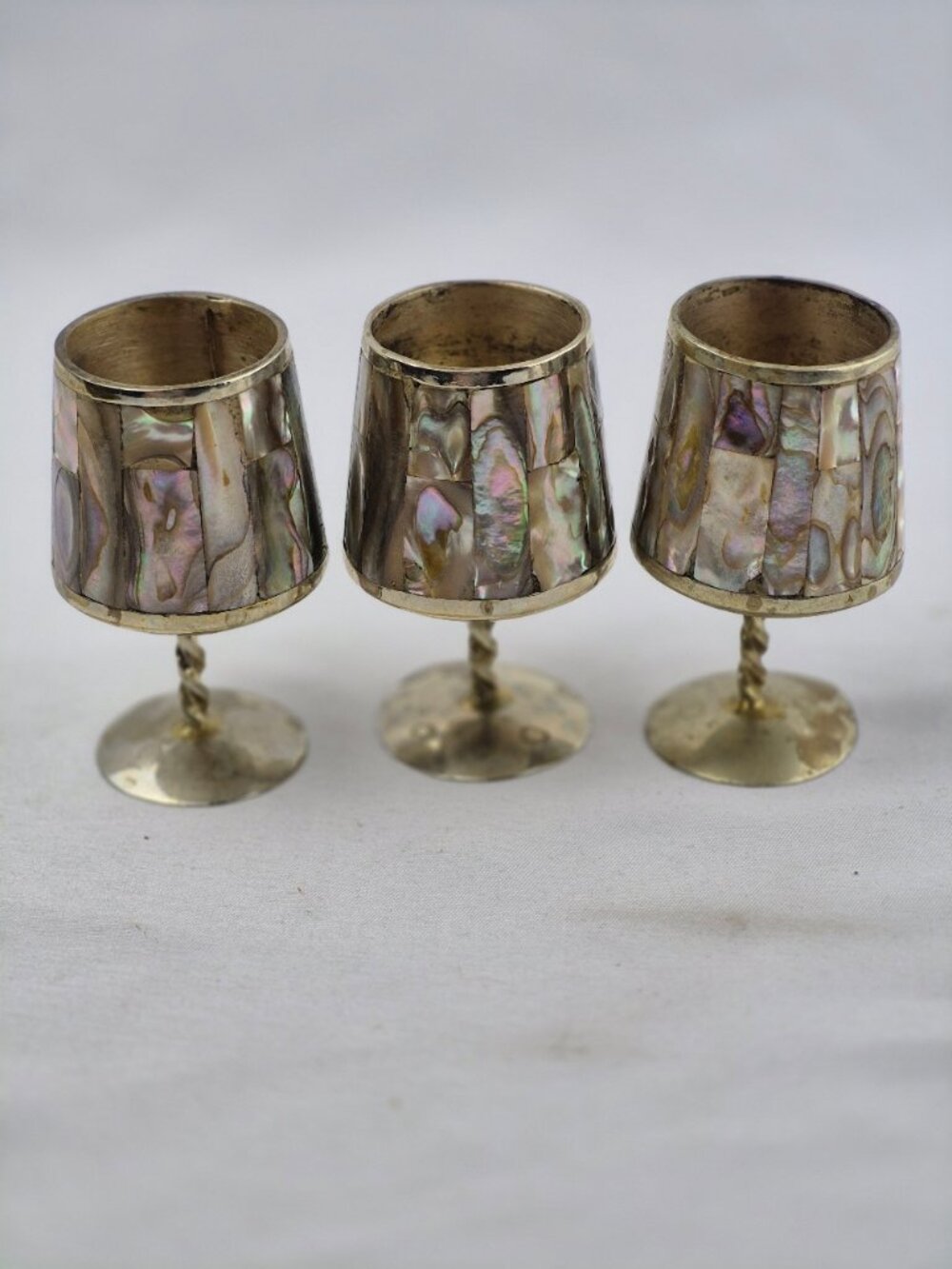 Vintage Taxco Mexican Abalone & Alpaca Silver Cordial Set 6 Shot Glasses & Tray - Picture 6 of 16